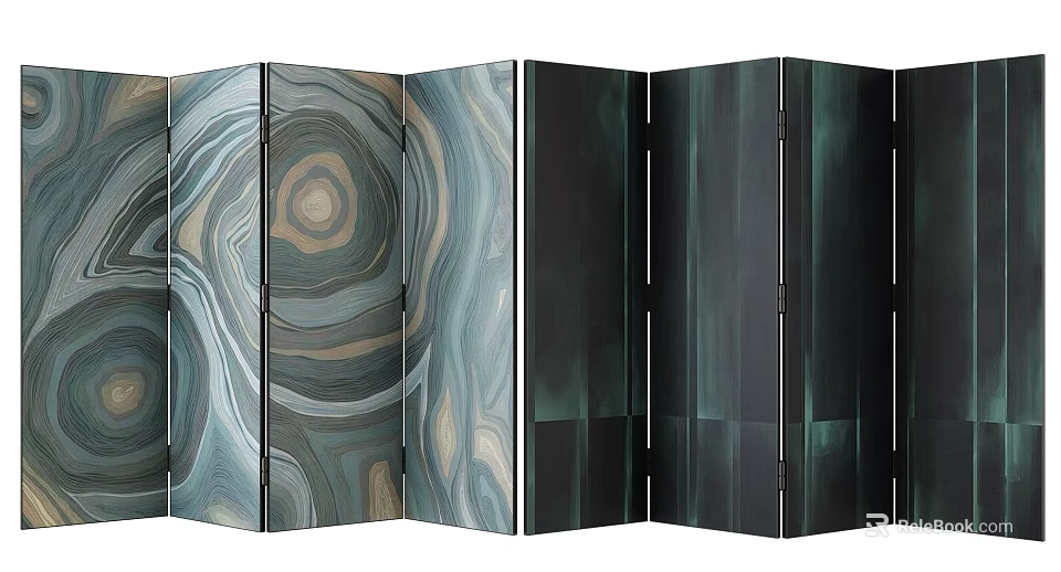 Modern Folding Room Divider With Dark Green Black Panels And Swirl Pattern Design 3d model 