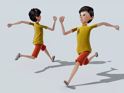 Two Boys Running in Yellow Shirts and Red Shorts With Shadows on White Background 3d model