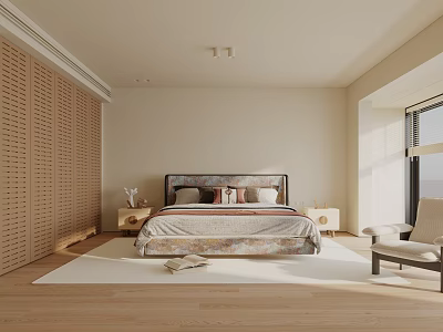Modern Bedroom Interior With Wooden Wall Panels Upholstered Headboard And Natural Light 3d model
