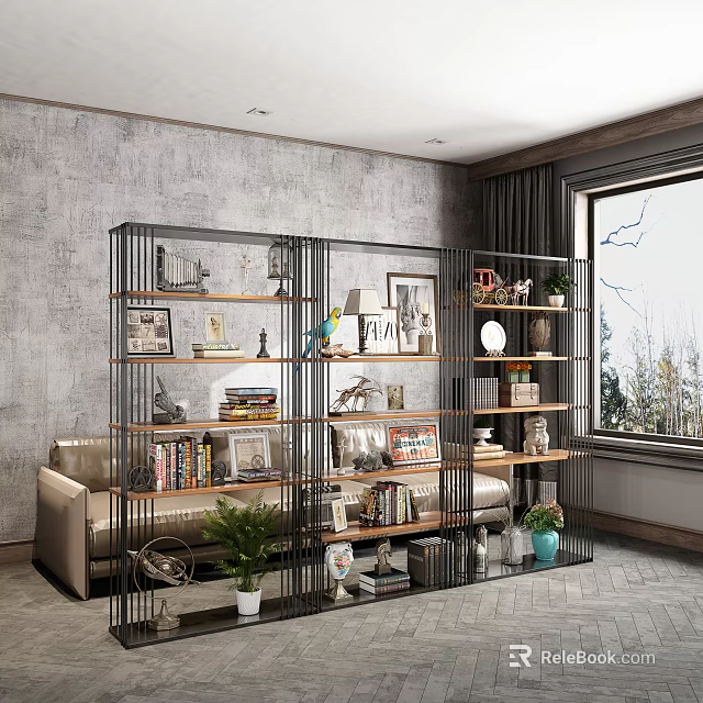 Contemporary Metal Shelving Unit with Books Decorative Pieces and Potted Plants in Living Space 3d model 