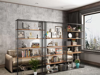 Contemporary Metal Shelving Unit with Books Decorative Pieces and Potted Plants in Living Space 3d model