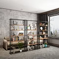 Contemporary Metal Shelving Unit with Books Decorative Pieces and Potted Plants in Living Space