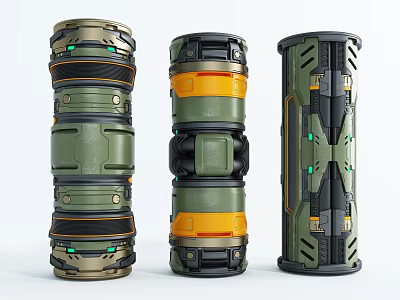 Cylindrical Military Weapons With Green Orange Mechanical Structures And Metal Design 3d model