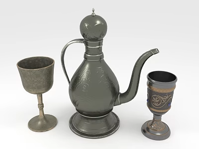 Antique Wine Bottle with Decorative Glasses Intricate Carvings and Metallic Finish Design 3d model