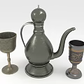 Antique Wine Bottle with Decorative Glasses Intricate Carvings and Metallic Finish Design