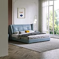 Modern Elegant Blue Double Bed With Upholstered Headboard In Bright Bedroom With Window Green View