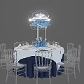 Elegant Dining Table Set Featuring White Tablecloth Navy Edge Silver Chairs And Illuminated Blue Centerpiece