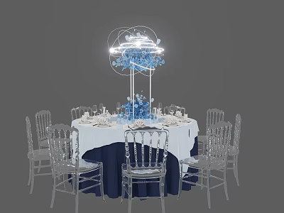 Elegant Dining Table Set Featuring White Tablecloth Navy Edge Silver Chairs And Illuminated Blue Centerpiece 3d model