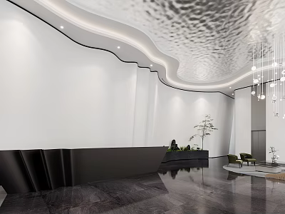 Modern Reception Area With Black Front Desk Silver Wavy Ceiling And Green Plant 3d model