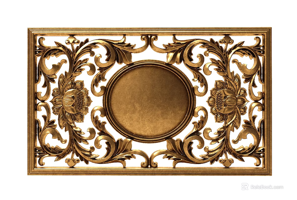 Golden Carved Decorative Panel With Intricate Floral Patterns And Circular Center 3d model