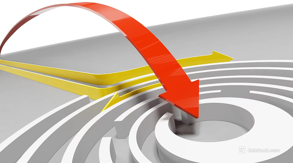 Business Equipment Guiding Through Maze With Red Yellow Arrows To Center 3d model 