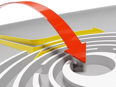 Business Equipment Guiding Through Maze With Red Yellow Arrows To Center 3d model