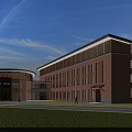 Modern Red Brick Office Building With Circular And Rectangular Design Front Lawn And Blue Sky