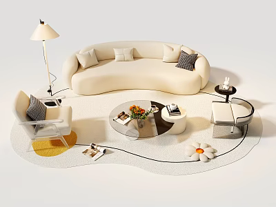 Modern Curved Sofa and Round Coffee Table Set with Throw Pillows Chairs and Floor Lamp 3d model