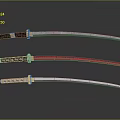 Three Traditional Samurai Swords With Decorative Handles And Colored Blades