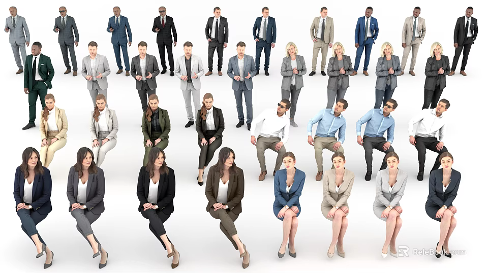 Diverse Group of Professional Business People Standing and Sitting in Formal Suits 3d model 