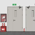 White Fire Doors With Red Fire Extinguishers And Green Emergency Exit Signs 3d model