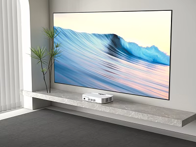 Large-Screen Wall-Mounted TV with Scenic Waves Mountains View on Modern Marble Stand and Potted Plant 3d model