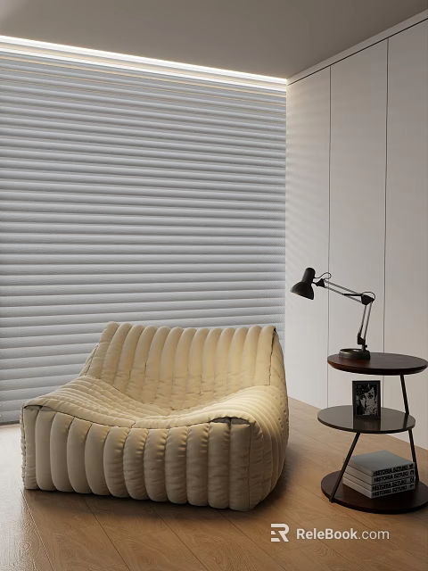 Comfortable Beige Lazy Sofa With Striped Design And Side Table Desk Lamp Near Roller Blinds 3d model 