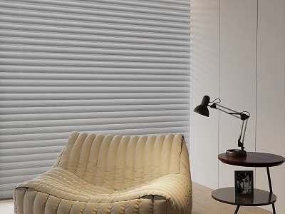 Comfortable Beige Lazy Sofa With Striped Design And Side Table Desk Lamp Near Roller Blinds 3d model