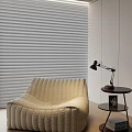 Comfortable Beige Lazy Sofa With Striped Design And Side Table Desk Lamp Near Roller Blinds