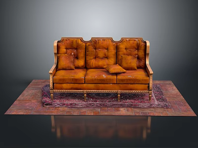 Multi Person Orange Leather Sofa With Carved Wooden Armrests And Patterned Carpet 3d model
