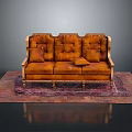 Multi Person Orange Leather Sofa With Carved Wooden Armrests And Patterned Carpet
