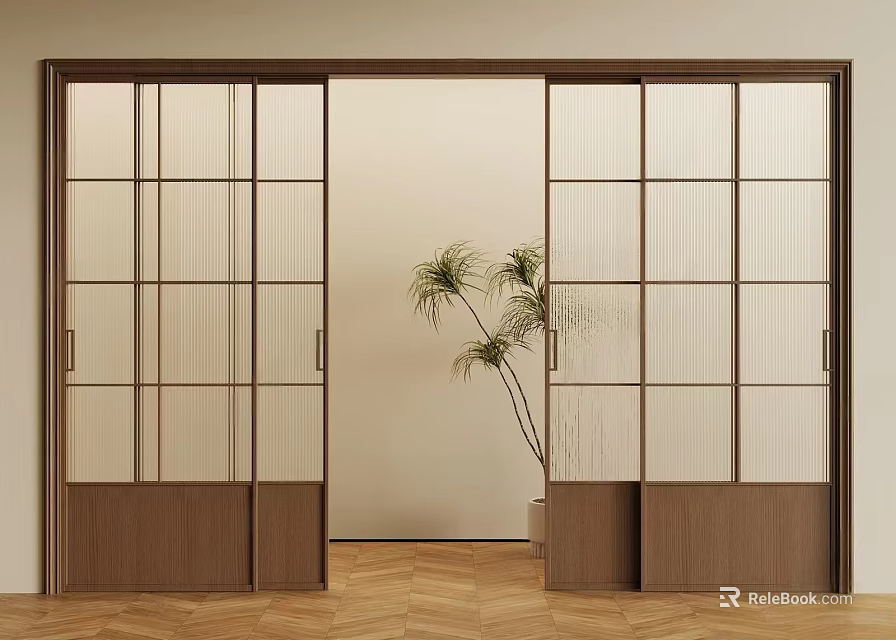 Sliding Door With Wooden Frame And Glass Panels In Modern Interior With Potted Plant 3d model 