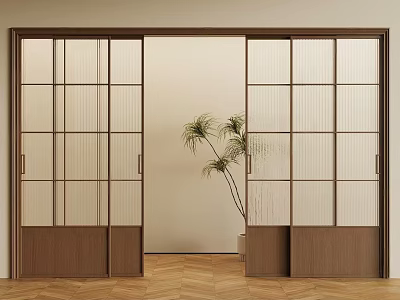 Sliding Door With Wooden Frame And Glass Panels In Modern Interior With Potted Plant 3d model