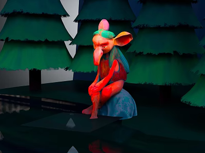 Sitting Fantasy Character With Large Ears Long Nose And Colorful Outfit Amid Green Trees 3d model