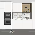 White Cabinets With Black Oven Marble Countertop And Open Shelves For Wine Bottles