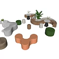 Modern Casual Sofa Set With Various Shapes Colorful Seats Green Plants And Small Round Tables