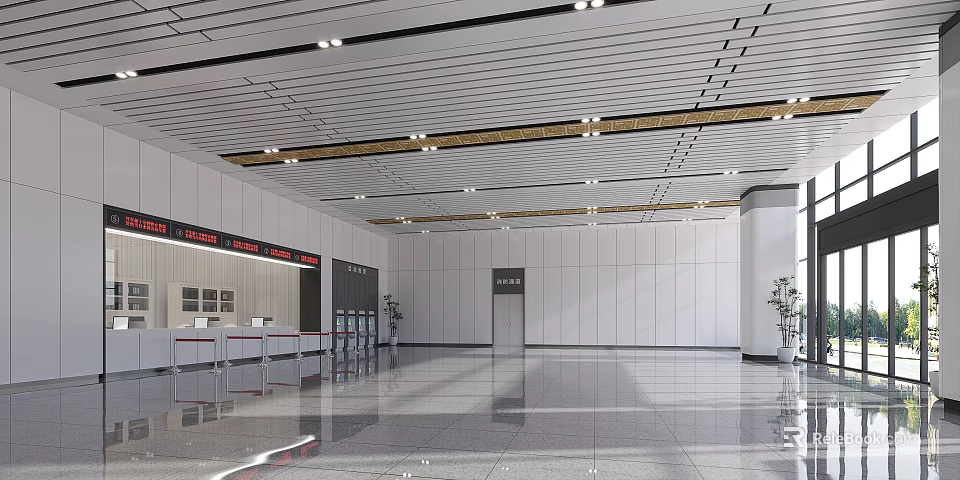 Modern Station Lobby Featuring Shiny Floor Ceiling Design Lighting And Service Counters 3d model 