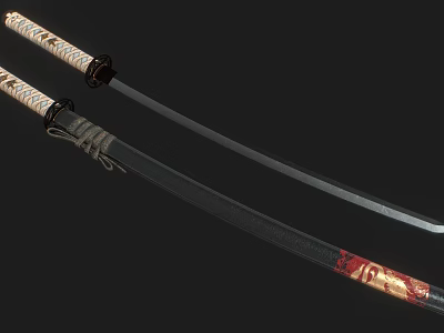 Traditional Samurai Swords With White Wrapped Handles Sharp Blades And Red Sheaths 3d model