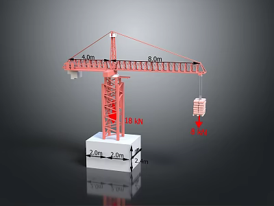 Red Tower Crane With Data Annotations Showing Lengths Forces And Base Dimensions 3d model