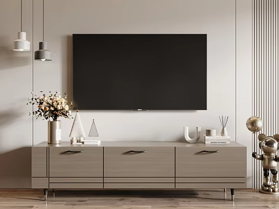 Modern Wooden TV Stand with Flat Screen TV Vase Books and Decorative Sculptures 3d model