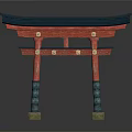 Traditional Japanese Torii Gate Structure With Red Pillars And Black Roof