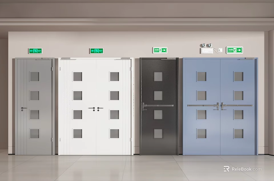 Interior Gray White Black Blue Double Doors With Small Glass Panels Indoor Emergency Exit Signs 3d model 