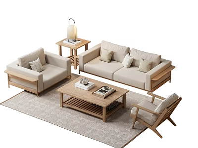 Modern Minimalist Sofa and Coffee Table Set with Beige Upholstery Wooden Frame and Decorative Pillows 3d model