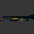 Blue Trumpet as Daily Living Item with Yellow Accents on Black Reflective Surface