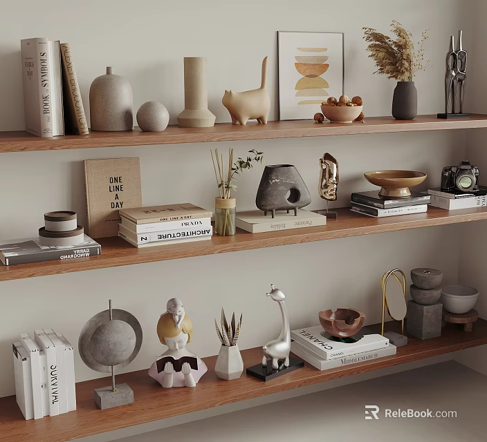Minimalist Modern Decorative Ornament Combination With Wooden Shelves Vases Animal Sculptures And Bowls 3d model 