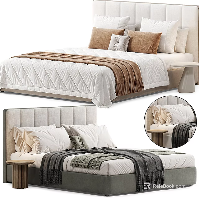 Double Bed Featuring Upholstered Headboard Soft Textured Bedding Decorative Pillows and Neutral Tones 3d model