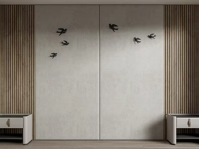 Gray Background Wall With Double Doors Black Bird Decorations Wooden Vertical Stripes And White Cabinets 3d model