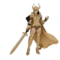 Mythical Warrior Game Character With Golden Armor Black Cape Horned Helmet And Long Sword