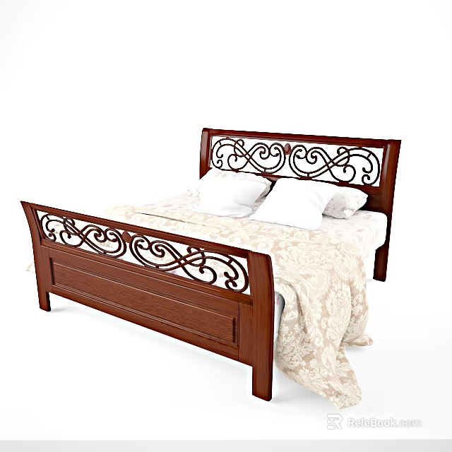 Elegant Wooden Bed With Carved Headboard Footboard White Pillows And Patterned Bedspread 3d model 