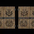 Rustic Wooden Door With Intricate Carved Decorative Patterns And Metal Hinges