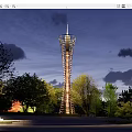 Modern Tower with Unique Structure Illuminated at Dusk Surrounded by Green Trees 3d model