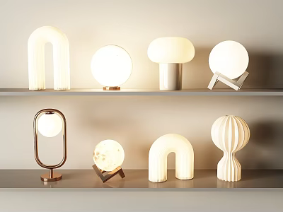 Modern Table Lamps with Various Unique Designs Displayed on Shelves 3d model
