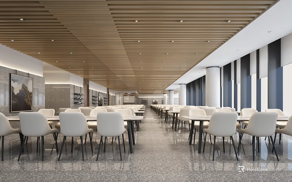 Modern Dining Hall Interior With White Chairs Tables And Wooden Ceiling 3d model