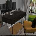 Modern Wooden Vanity With Golden Handles Mirror And Yellow Armchair In Bright Interior